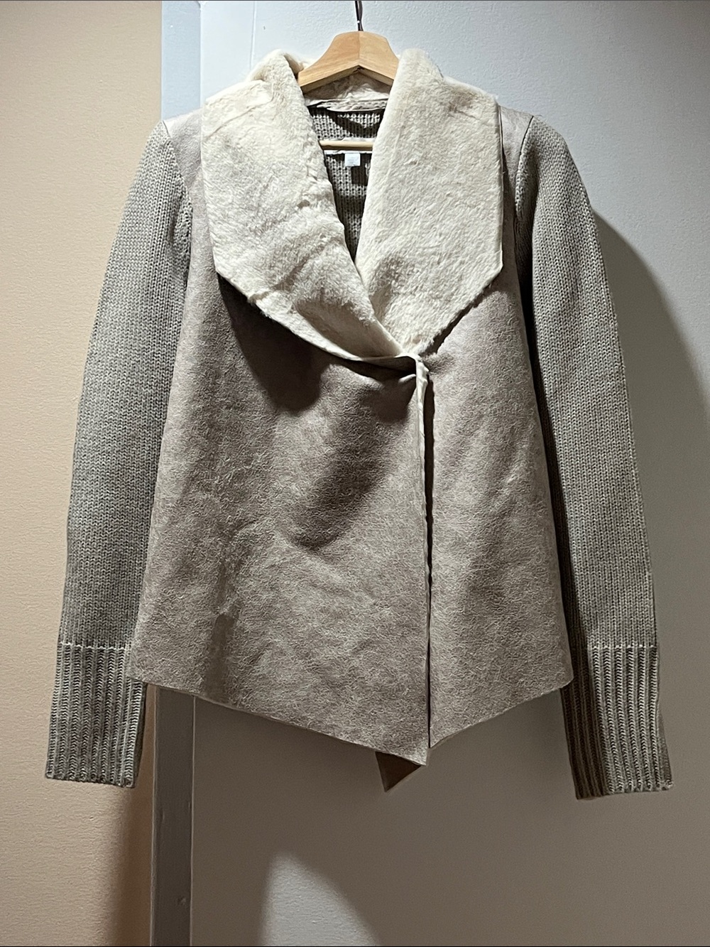 Women's grey and cream Knit Faux-Shearling Open Front Sweater Jacket
